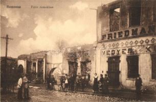 1915 Homonna, Humenné; Főtér romokban, az oroszok betörése után, Friedman vegyeskereskedés, Berkovits József üzlete, kiadja Hossza Gyula / destroyed main square after the Russians offensive, shops