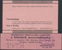 1941, 1949 Rendkívüli propaganda utalvány a felnőttek meseszínházába és a Magyar Postások Orsz. Szabad Szakszervezetének Jászberényi Csoportja által kiadott vacsorajegy