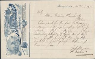 1905 Bp., Plundrich Ferenc Fürdőszoba és Illemhely Berendezésekkel foglalkozó vállalatának díszes fejléces levélpapírjára írt levél