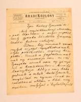 1931 Az Aradi Közlöny főszerkesztőjének levele, az újság fejléces levélpapírján