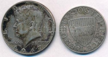 Vegyes: Amerikai Egyesült Államok 1967. 1/2$ Ag "Kennedy" + Ausztria 1957. 10Sch Ag T:2,2- ü., patina Mixed: USA 1967. 1/2 Dollar Ag "Kennedy" + Austria 1957. 10 Schilling Ag C:XF,VF ding, patina