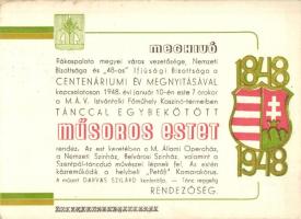 1948 Meghívó a rákospalotai '48-as' centenáriumi év megnyitásával kapcsolatos műsoros estre / Hungarian invitation postcard (EK)