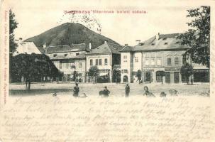 Nagybánya, Baia Mare; Fő tér keleti oldala, Kindris, Herskovits J. és T., Rosenfeld és Platthy Dezső üzlete / main square, shops (Rb)