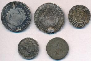 5db-os vegyes rossz minőségű magyar és külföldi ezüstpénz tétel, közte 1848KB 20kr Ag "V. Ferdi...