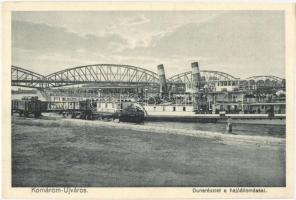 Komárom, Komárno; Hajóállomás, gőzhajó, híd / port, steamship, bridge