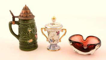 Üveg hamutál, porcelán mini urna, kerámia korsócska fém fedéllel 17 cm