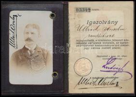 cca 1910 Utazási igazolvány rendőri alkalmazot számára, aranyozott bőr tokban, fényképpel, bélyegzők...