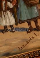 Jakubetz jelzéssel: Falusi vásár, olaj, vászon, üvegezett fa keretben, 23,5×33,5 cm