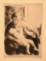 Szőnyi István (1894-1960): Anya itatja gyermekét, rézkarc, papír, jelzés nélkül, paszpartuban, üvegezett fa keretben, 13,5×9,5 cm