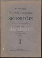 1916 Dr. Tóth Sándor: Az eperjesi kir. katholikus főgimnázium értesítője az 1915-1916. iskolai évről. Eperjes, 1916, Szent Miklós Püspöki Könyvnyomda. Kiadói papírkötés. Kicsit szakadt, foltos állapotban, a hátsó borító belsején ceruzás írással. Az iskolát érintő hírekkel, információkkal, statisztikákkal