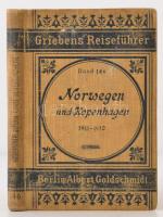 Roar Tank: Norwegen und Kopenhagen. Griebens Reiseführer 146. Berlin, 1911-12, Albert Goldschmidt. 13. kiadás. Kiadói kopottas egészvászon kötés, egészoldalas és kihajtható térképekkel illusztrálva, de a térképmelléklet hiányzik, német nyelven. / Linen-binding, in german language, a little bit worn, without map inset.