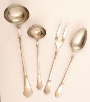 Alpakka tálaló készlet (merőkanál, húsvilla, pörköltes kanál, szószos merőkanál), 4 db, jelzett, egyiken apró horpadások