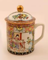 Kínai fedeles csésze, kézzel festett, jelzett, kopott, m:14 cm