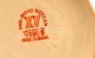 Kínai fedeles csésze, kézzel festett, jelzett, kopott, m:14 cm