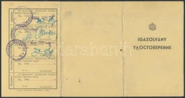 1945 Magyar-orosz nyelvű munkaviszony-igazolás postatakarékpénztári felügyelő részére, bejegyzésekke...