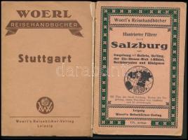 Woerl útikönyvek, 2 db, Stuttgart, Salzburg, változó, többnyire megviselt állapotban:   Illustrierter führer durch die Hauptstadt Stuttgart und Umgebung. Woerl&#039;s Reisehandbücher. Leipzig, é.n., Woerl&#039;s Reisebücher-Verlag. 12. kiadás. Kiadói papírkötés, fekete-fehér képekkel, és két térképpel illusztrálva, német nyelven. Megviselt állapotban.  Illustrierter führer durch die Salzburg und Umgebung mit Hallein, Golling, der Eis-Riesen-Welt (-Höhle), Berchtesgaden und Königsse. Woerl&#039;s Reisehandbücher. Leipzig, é.n., Woerl&#039;s Reisebücher-Verlag. 19. kiadás. Kiadói papírkötés, fekete-fehér képekkel, és térképekkel illusztrálva, német nyelven. Megviselt állapotban. /  Two books from the series of Woerl&#039;s Reisehandbücher (Stuttgart, Salzburg), paperbinding, in german language, in poor condition.