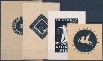 Fery Antal (1908-1944): 4 db ex libris, fametszet, linó, klisé, papír, jelzettek, különböző méretben