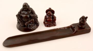 Modern nevető Buddha figurák és levélvágó tartó, műgyanta, m:4-7 cm, h:23 cm