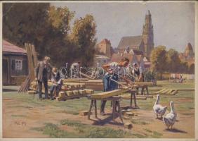 Színes képeslap Münchenből "Munka és barátság sorozatból, 30-as évek (saroktörés)