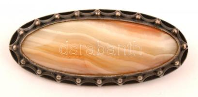 Ezüst(Ag) bross achát kővel, jelzett, 5x2 cm, br: 16 g