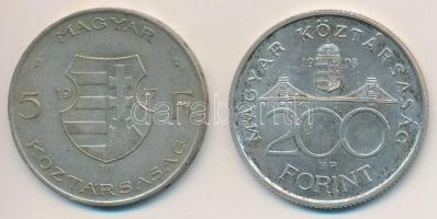 1947. 5Ft Ag "Kossuth" + 1993. 200Ft Ag "MNB" T:2 ph