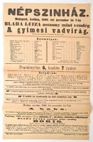 1899 Bp., Népszínház, Blaha Lujza vendégszereplése az "A gyimesi vadvirág" c. darabban, plakát, szélein kis szakadásokkal, 45,5×29 cm