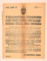 1920 Budapest városi tanácsának rendelete a tejjel készült ételek és italok korlátozásának tárgyában (ápr. 13.), hirdetmény, szélein kis szakadásokkal, 31,5×24 cm