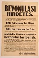 1916 Budapest főváros tanácsának felhívása besorozás tárgyában, nagyméretű plakát, a hajtások mentén szakadásokkal, 95×63 cm