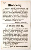 1867 Budapest kapitányi hivatalának hirdetménye a Mátyás-hegyen építendő Holtzspach-téglaégető tárgyában, magyar és német nyelven,38,5×23 cm