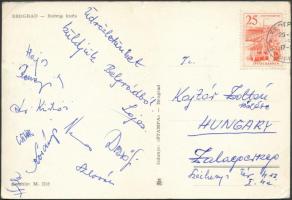 1960 a SzEAC Szeged tagjainak (Hajós, Kürtösi, Dezsőfi, Reményik, stb.) aláírásai Belgrádból küldött levelezőlapon