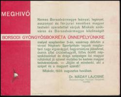 1933 Miskolc, Meghívó a Borsodi Gyöngyösbokréta ünnepélyre