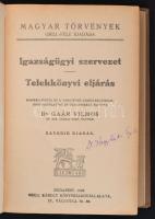 Dr. Gaár Vilmos: Igazságügyi szervezet. Telekkönyvi eljárás. Budapest, 1929, Grill Károly, XII+812 p. Kiadói egészvászon kötés, három oldalon (V.,VI.,VIII.) aláhúzásokkal, bejegyzéssel, jó állapotban.