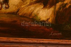 Lénárd jelzéssel: Tehénitatás, olaj, fa, keretben, hátulján tanúsítvánnyal, 17×23 cm