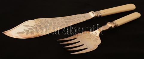 Dekoratív süteményes készlet. Aranyozott alpakka, csont nyéllel, díszdobozban  / Vintage tarte set, ...