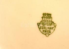 Zsolnay mokkás készlet: 6 db csésze + alj (d: 6,5 ill. 10 cm) + fedeles cukortartó, az egyik füle tö...