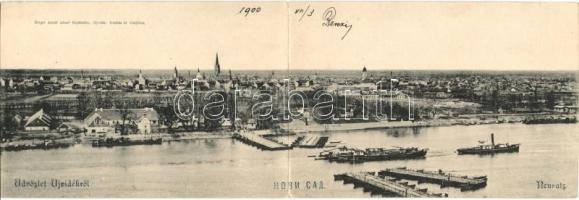 Újvidék, Novi Sad; Látkép, gőzhajó, kiadja Singer József, kétlapos panorámalap / general view, steamship, 2-tiled panoramacard (hajtásnál szakadt / bent til broken)