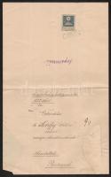 1910 Dr. Kárffy Ödön történész, levéltáros, fizetésemelési értesítése, a Magyar Királyi Belügyminisztérium levele, Horváth Emil miniszteri tanácsos aláírásával, szárazbélyeggel, okmánybélyeggel.