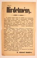 1873 Bp., A városban közlekedő kocsik kerékszabványáról szóló hirdetmény, hajtott, 42x26 cm