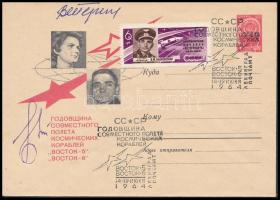 Valentyina Tyereskova (1937- ) és Valerij Bikovszkij (1934- ) szovjet űrhajósok aláírásai emlékborítékon /  Signatures of Valentina Tereshkova (1937- ) and Valeriy Bikovskiy (1934- ) Soviet astronauts on envelope