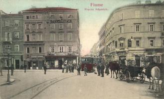 Fiume, Adamich tér, villamos, bank, F. A. Schnautz üzlete / square, tram, bank, shop