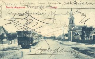 Öthalom, Glogovác, Vladimirescu; Országút, helyiérdekű vasút, vonat, templom, hátoldalon Wágner hangszer király reklám, W. L. 2999. / street, railway, train, church, advertisement on backside (fa)