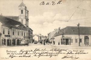 Budapest II. Margit körút, gyógyszertár, Glauber Ignác üzlete, villamos (r)