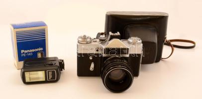 Zenit-E fényképezőgép, Helios-44-2 objektívvel, eredeti bőr tokjában, Panasonic PE-145 vakuval