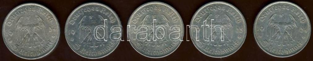 Német 3.Birodalom 1934-36 5M Ag "Hindenburg" (5x) + "Garnisonskirche" (5x) T:2/3