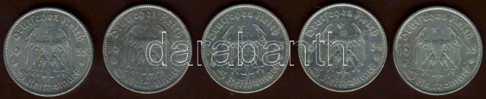 Német 3.Birodalom 1934-36. 5M Ag "Hindenburg" (5x) + "Garnisonskirche" (5x) T:2/...