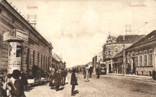 Újvidék, Novi Sad; Temerini utca, vendéglő, villamos, Langen és Wolf motorgyár, kiadja J. Singer / street, restaurant, engine plant (fa)