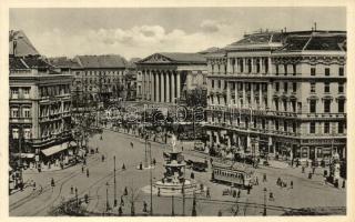 Budapest VIII. Kálvin tér, Nemzeti Múzeum, villamos, gyógyszertár, Fősör Maláta Pezsgő