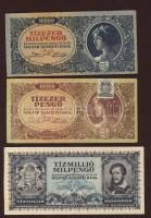 1945-46. 3db klf infla bankjegy ráragasztott postabélyeggel és lila egyesületi bélyegzővel T:I-,II