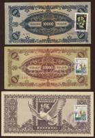 1945-46. 3db klf infla bankjegy ráragasztott postabélyeggel és lila egyesületi bélyegzővel T:I-,II