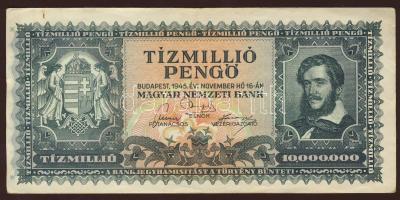 1945. 10.000.000P előlapi alapnyomat igen erősen, látványosan balra tolódva! T:II R!